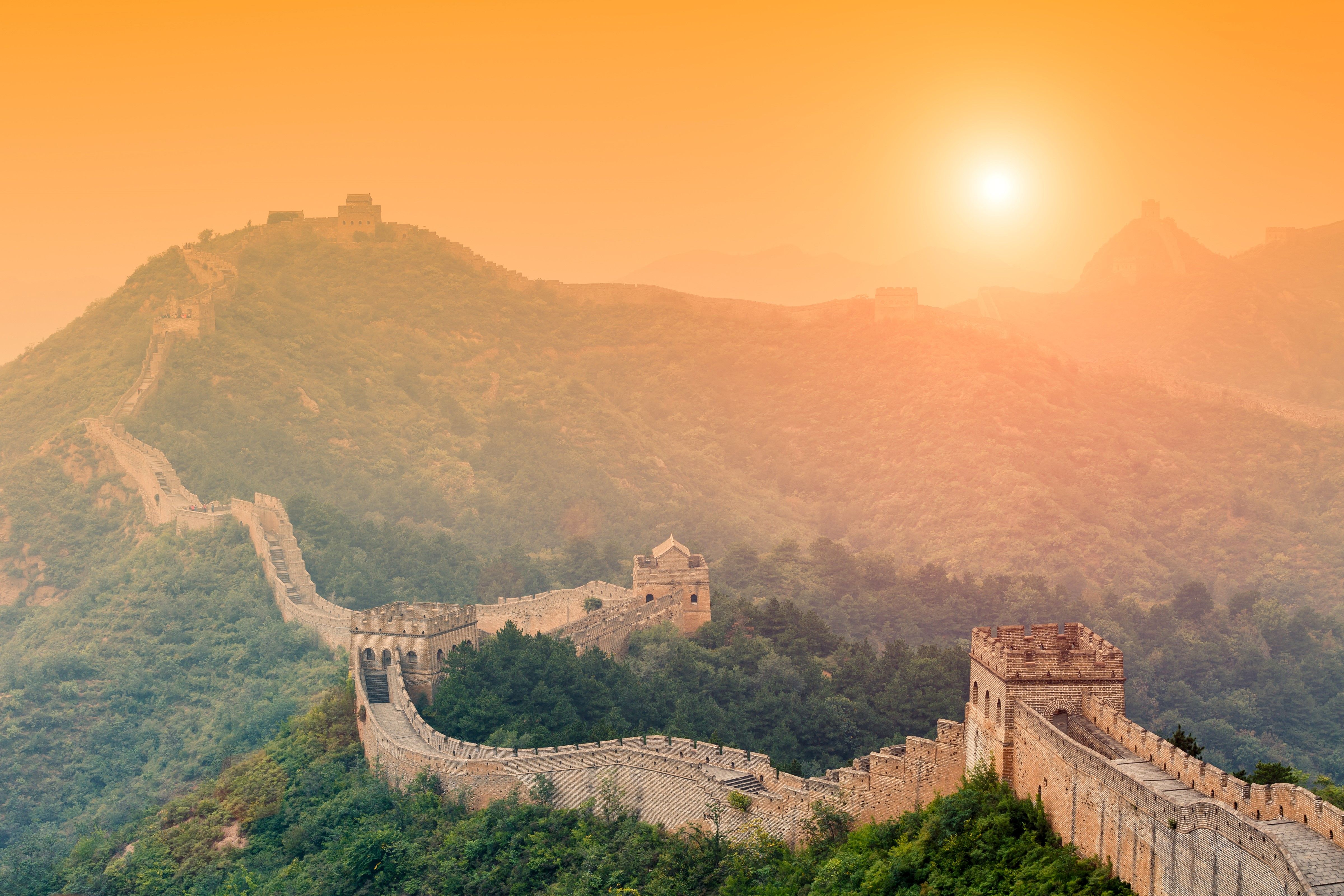 4K, The Great Wall of China, China, Sunrises and sunsets, Mountains, Sun Gallery HD Wallpaper