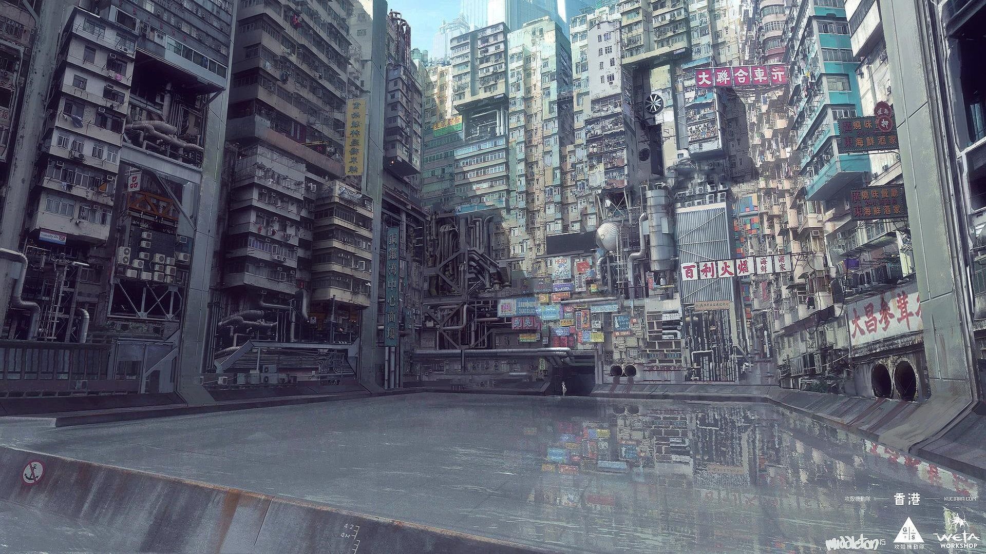 grey concrete city building wallpaper Ghost in the Shell #water #city #apartments P #wallpaper #hdwallpaper. Ghost in the shell, Anime city, City background