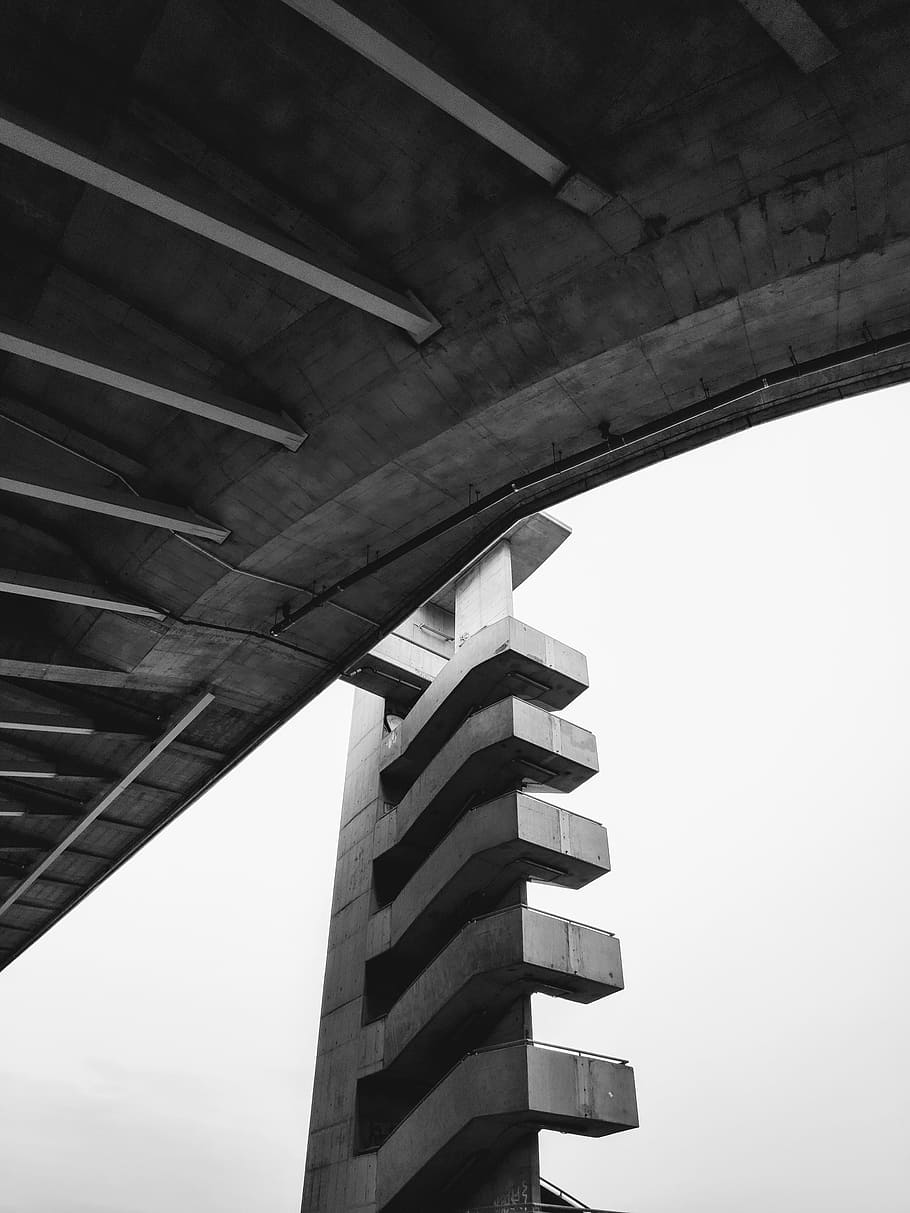 HD wallpaper: grayscale photography of concrete building, staircase, brutalism