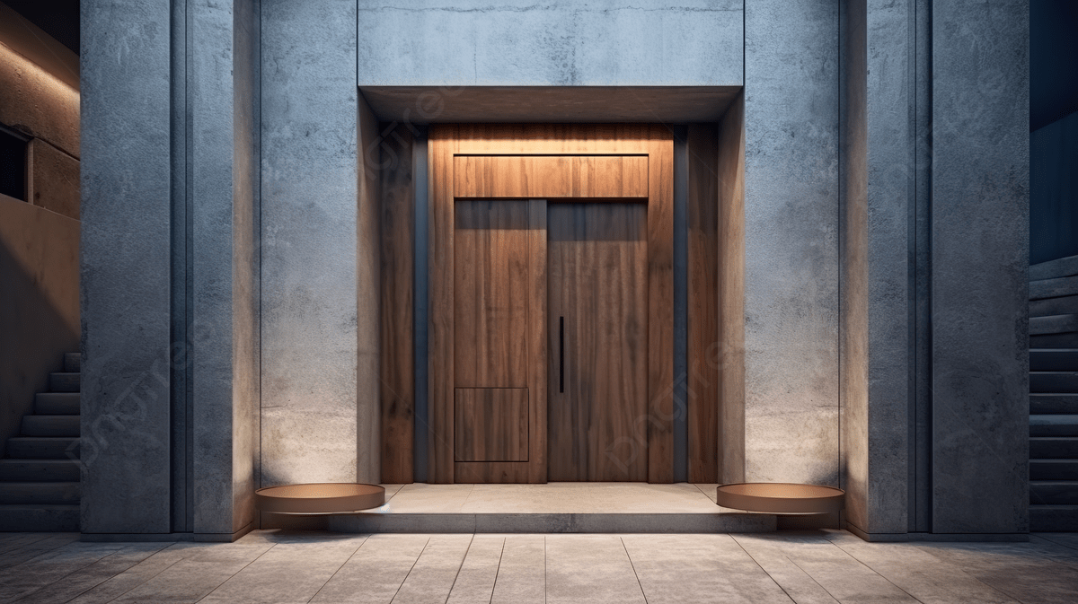 Wooden Entrance Door Adds Character To Rough Concrete Building In 3D Render Background, House Outside, Exterior, House Front Background Image And Wallpaper for Free Download