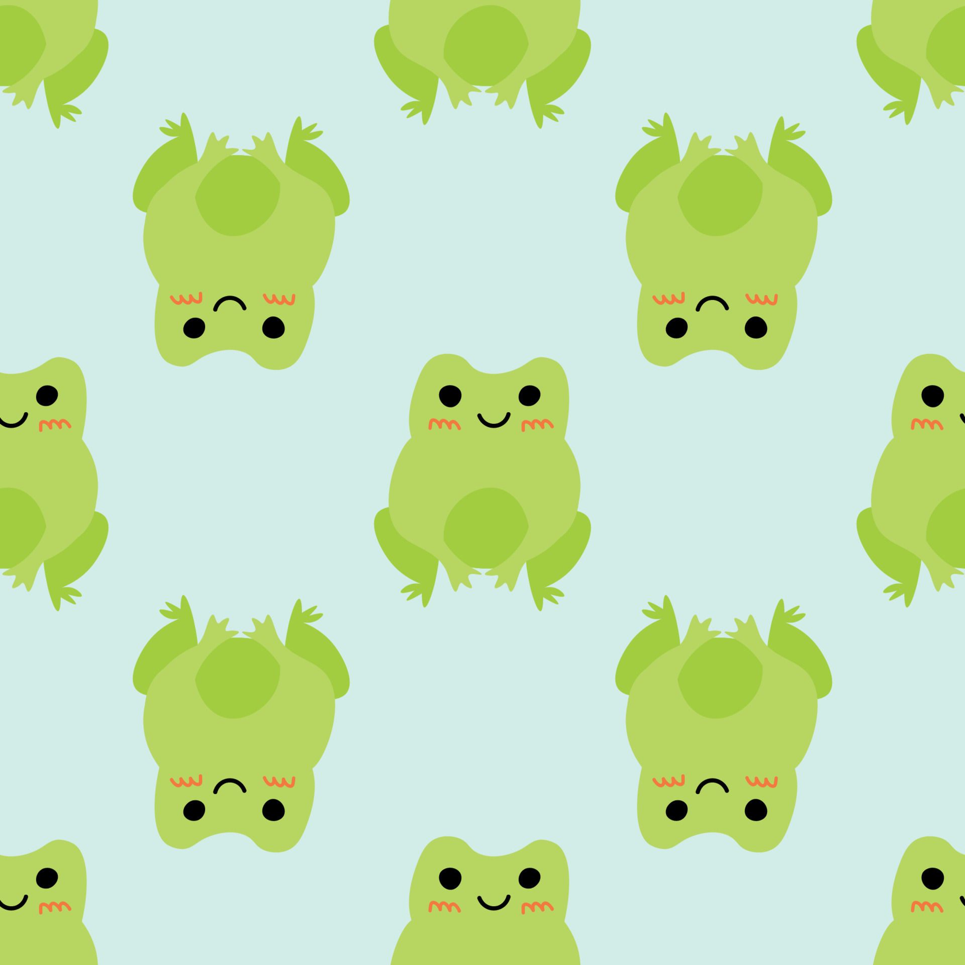 Cute smiling frogs with pink cheeks. Enamored green toads. Vector animal characters seamless pattern of amphibian toad drawing.Childish design for baby clothes, bedding, textiles, print, wallpaper