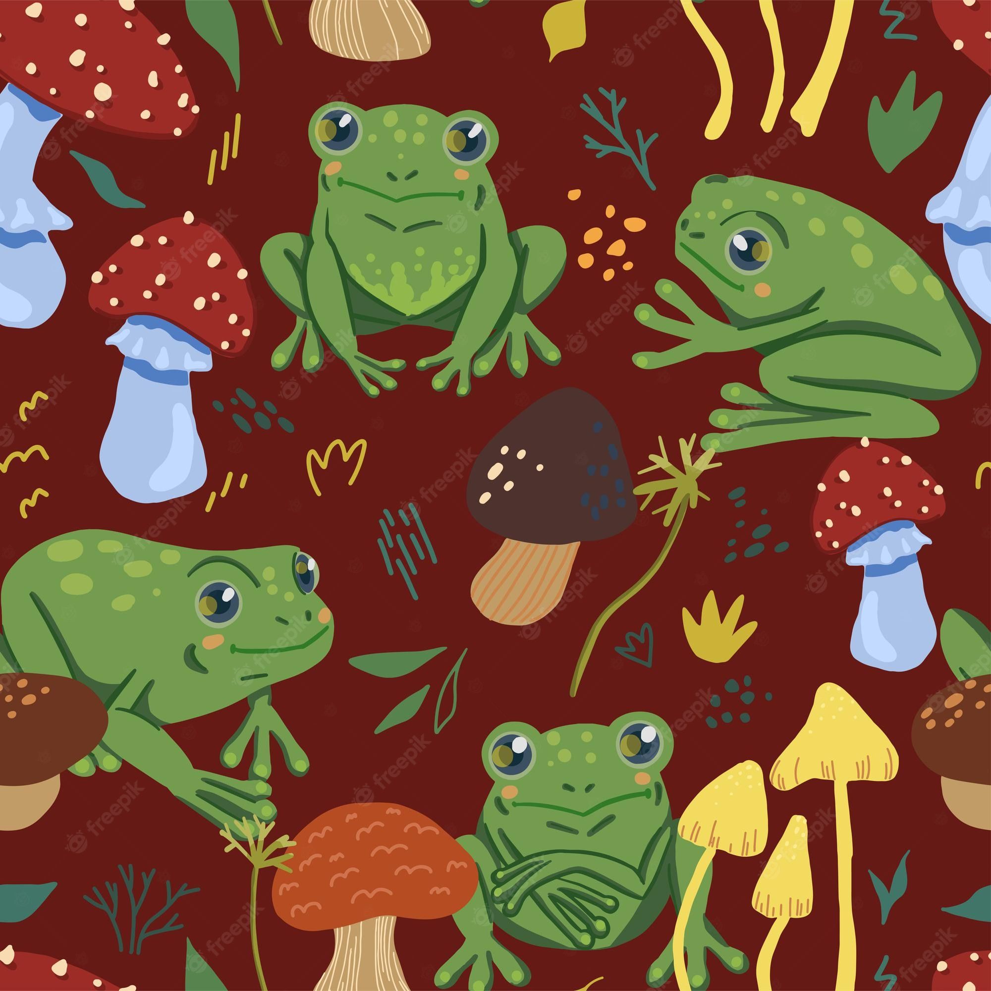 Premium Vector. Cute frogs and forest mushrooms. abstract hand drawn vector seamless pattern. colored cartoon ornament with animals. funny design for print, fabric, textile, background, wallpaper