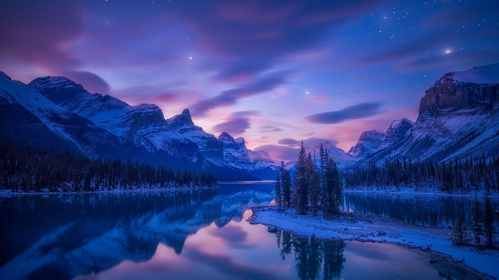 Wallpaper mountains, river, lake, winter, snow, night, HD, Nature