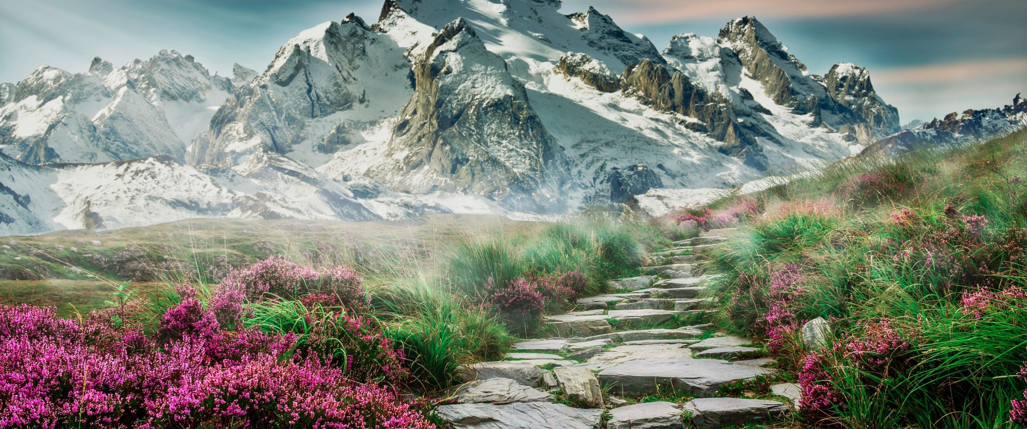 Mountains Wallpaper 4K, Path, Hill, Spring, Aesthetic