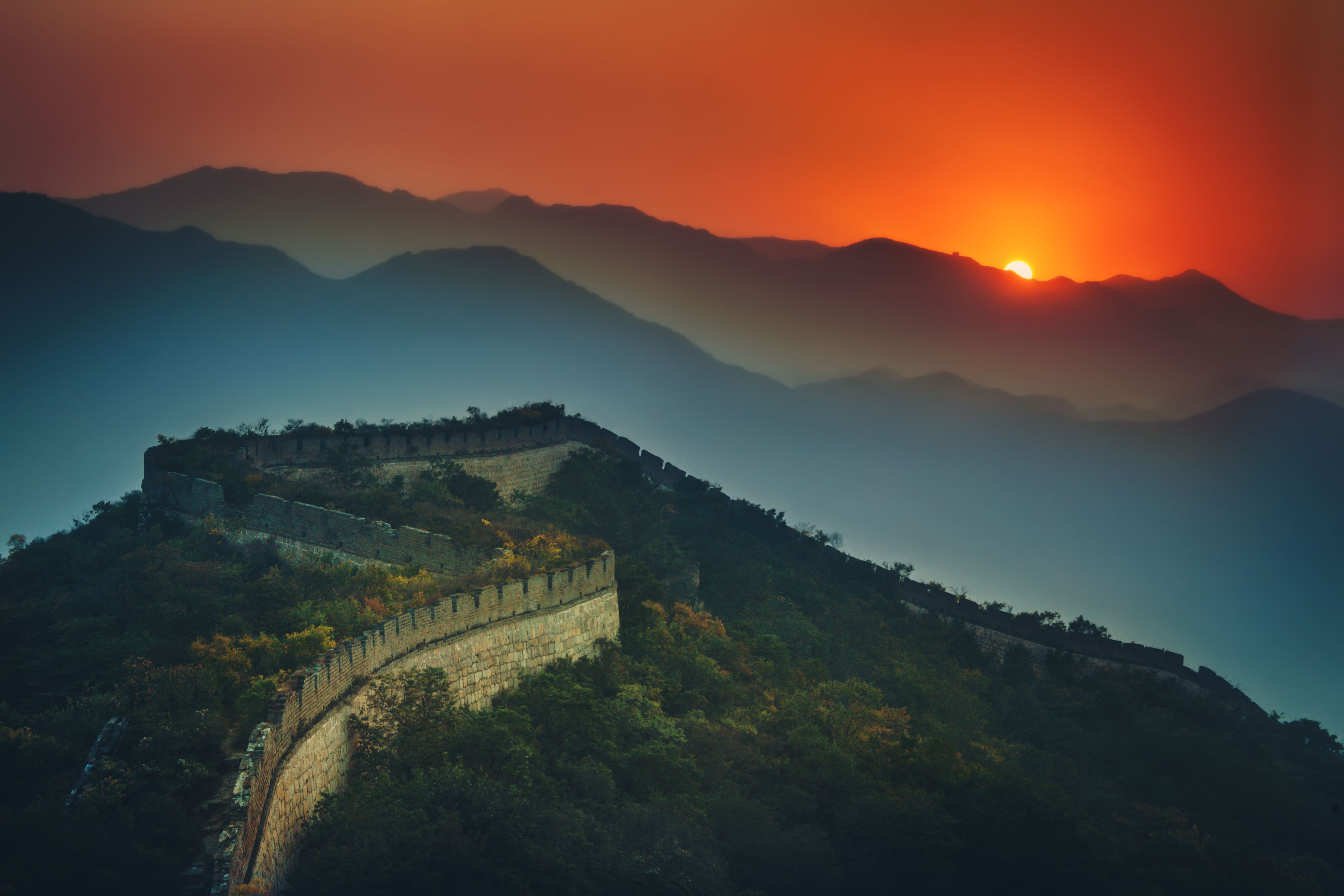 Great Wall of China Wallpaper 4K, Sunset, Orange sky, Mountains