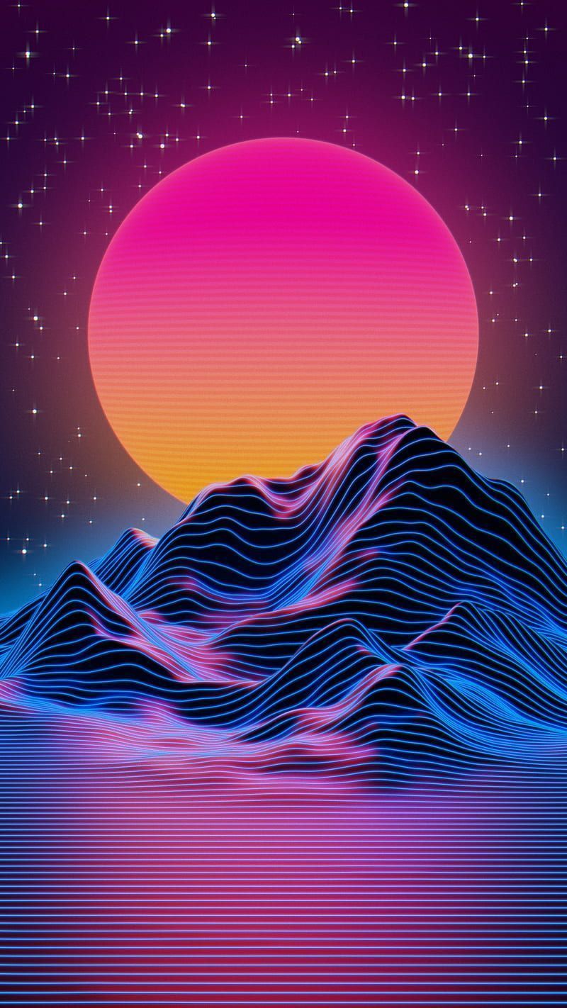 Synthwave, blue, higgsas, iphone, mountain, old school, outrun, purple, retro, HD phone wallpaper