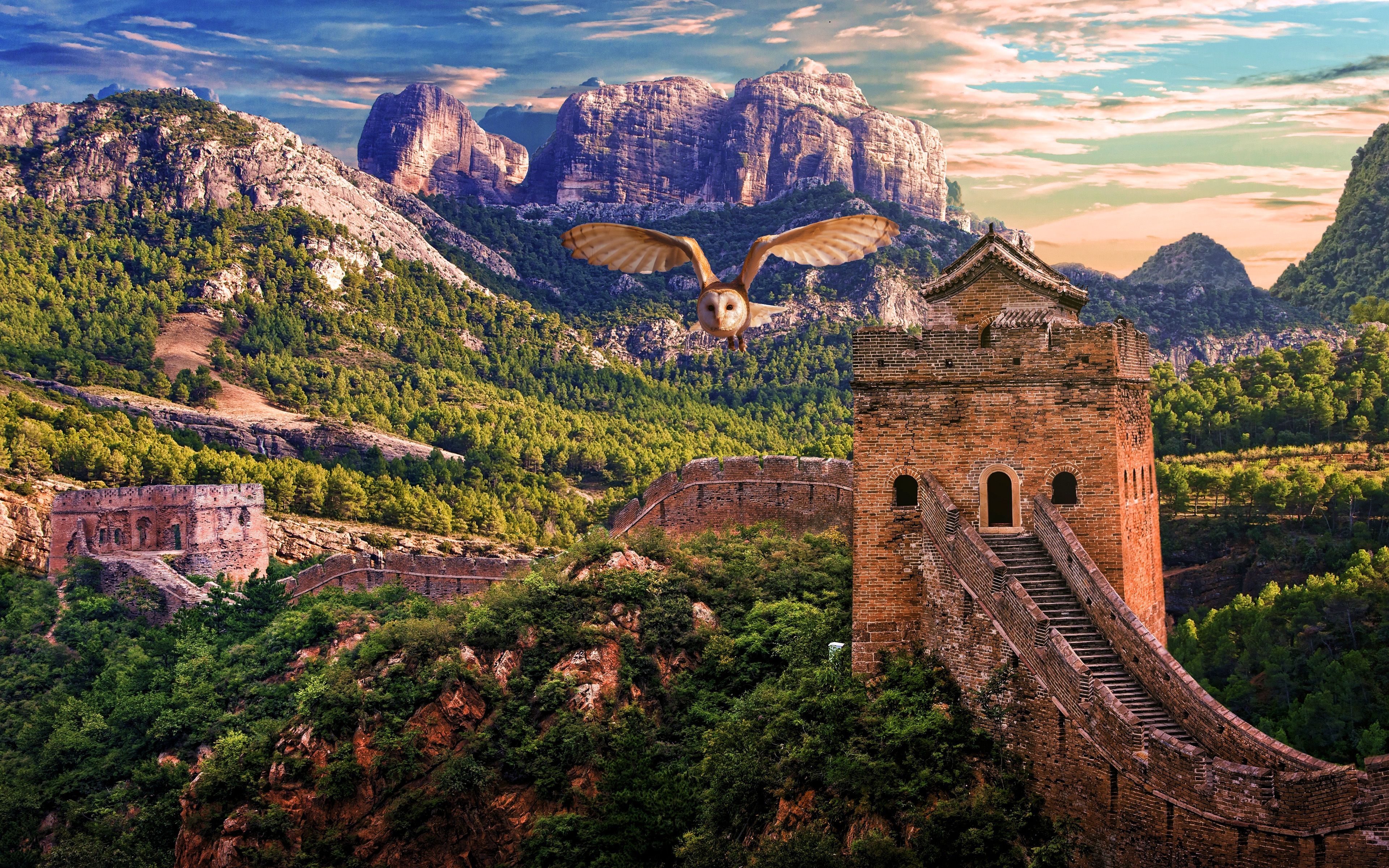 Download wallpaper Great Wall of China, 4k, summer, mountains, chinese landmarks, owl, Asia, China, beautiful nature for desktop with resolution 3840x2400. High Quality HD picture wallpaper