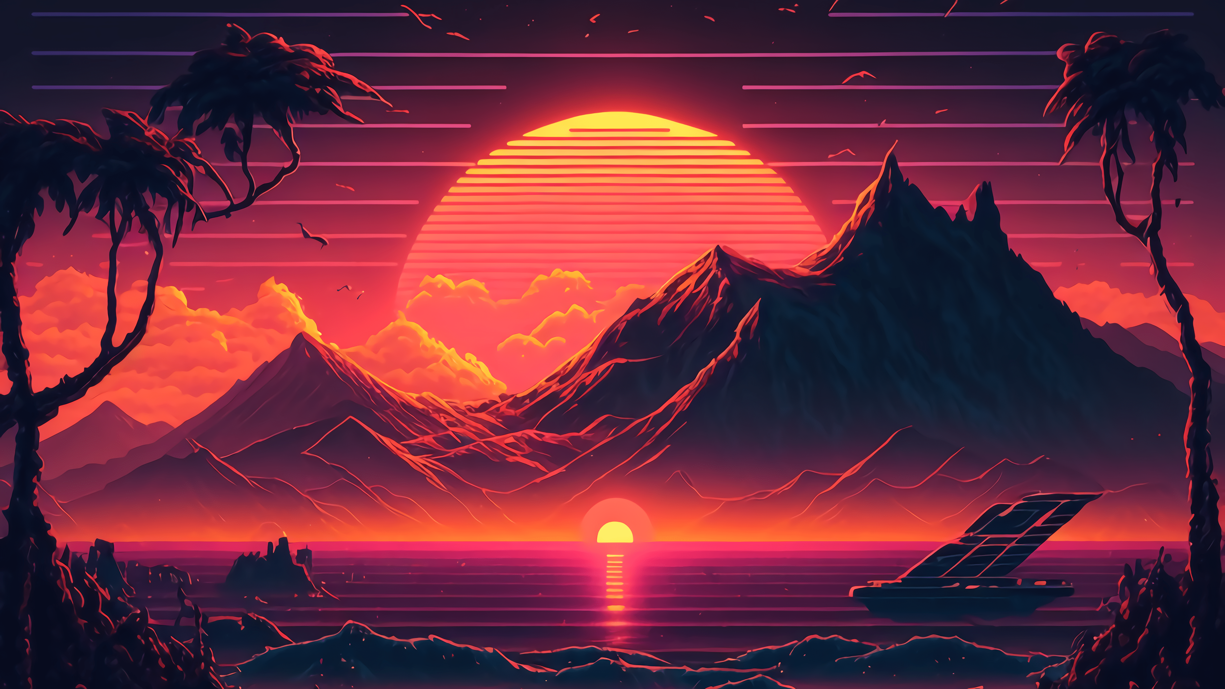 SYNTHWAVE SUNSET AI ART WALLPAPER 4K FOR PC - synthwave