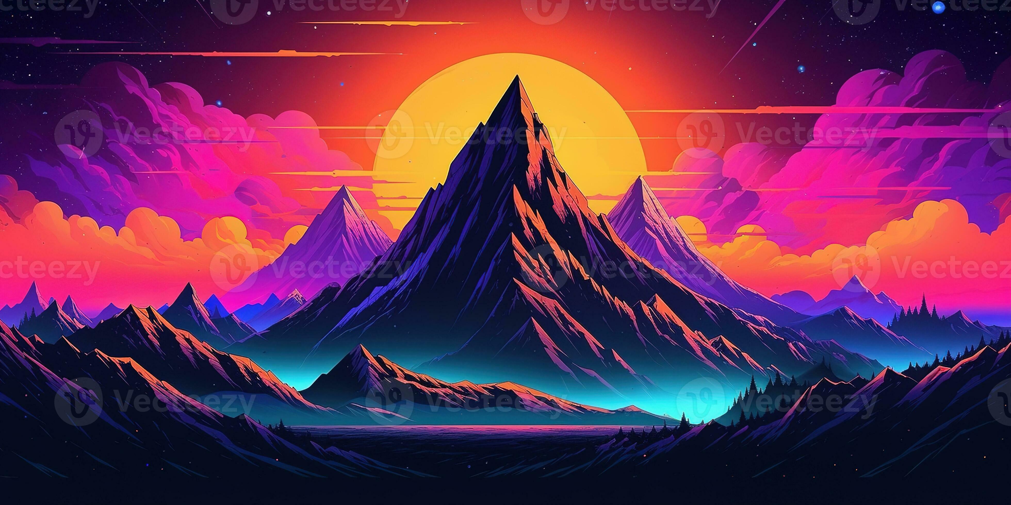 Aesthetic mountain synthwave retrowave wallpaper with a cool and vibrant neon design, AI Generated - synthwave