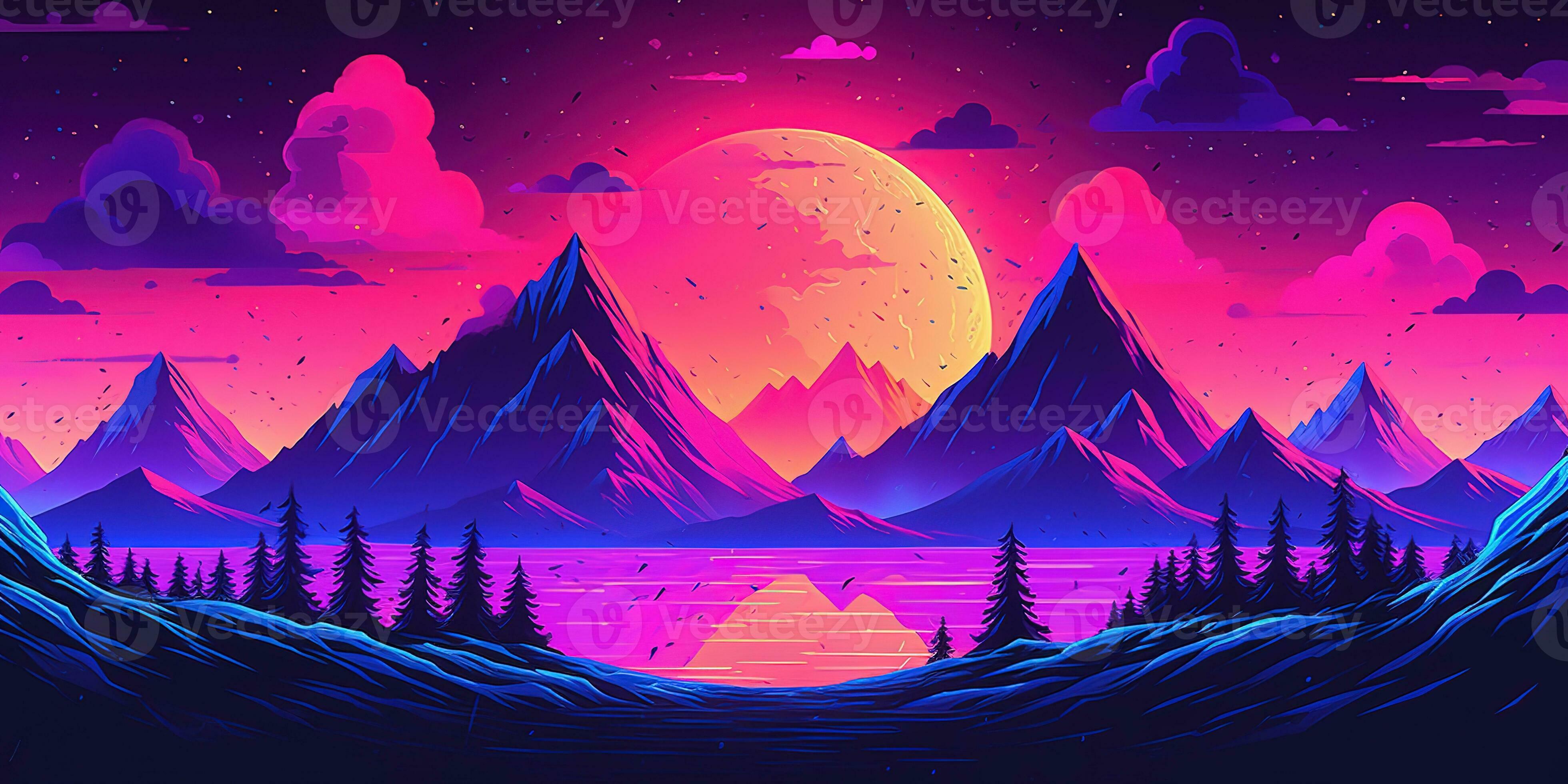 Aesthetic mountain synthwave retrowave wallpaper with a cool and vibrant neon design, AI Generated - synthwave