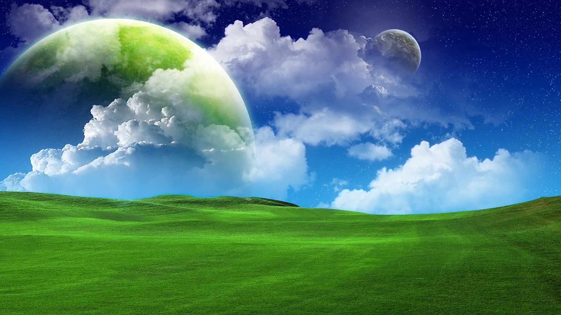 Download wallpaper 1920x1080 grass, green, sky blue, clouds, summer full hd, hdtv, fhd, 1080p HD background