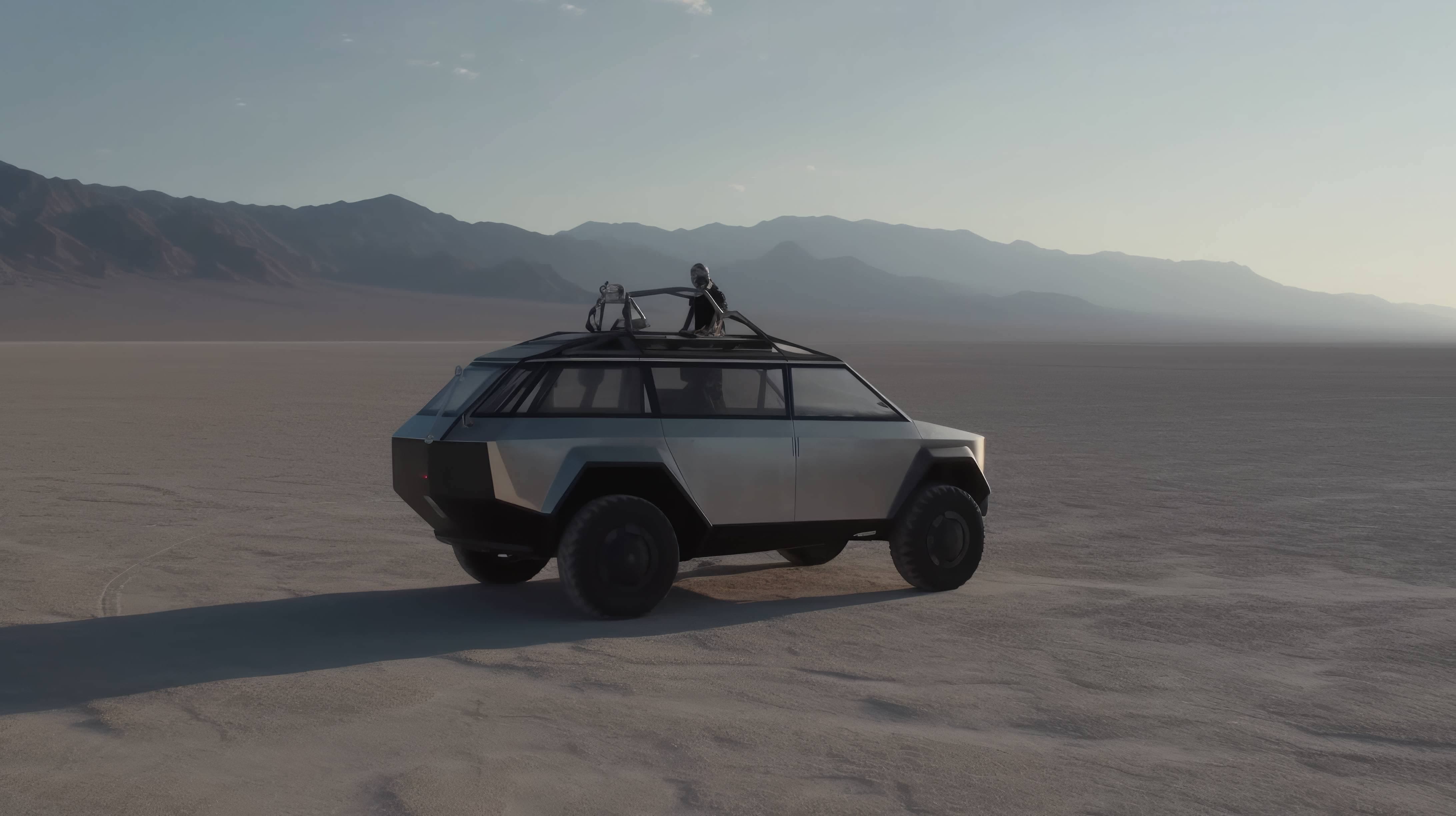 A Tesla Cybertruck concept car parked in a desert