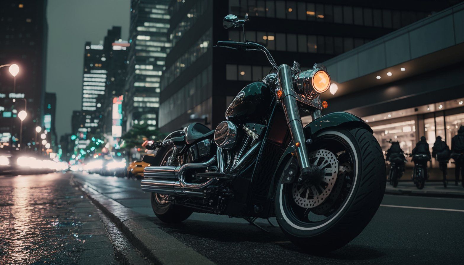 Nick St. Pierre Shot, Eye Level, Side View, 1990 Harley Davidson Fat Boy, Tokyo, City Center, Moody Lighting, Aggressive, Loud, Fast, 4k, Cinematic Composition, Professional Color Grading Ar 16:9 - Harley-Davidson Fat Boy