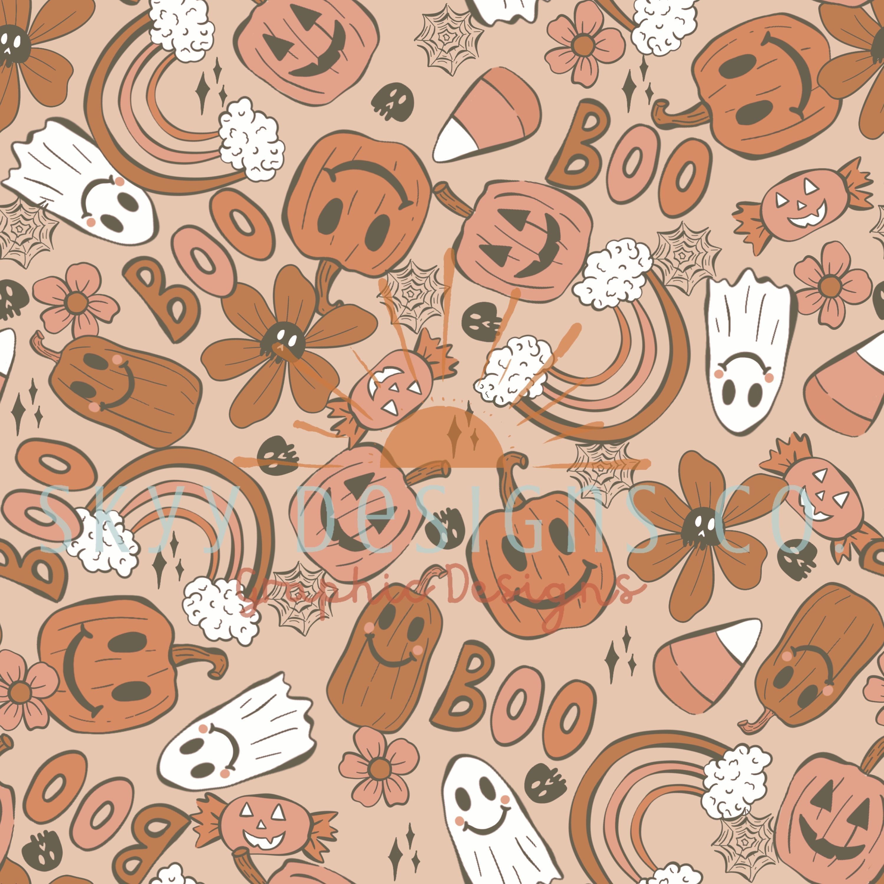 Boho Pumpkins and Ghosts for Halloween Digital Seamless