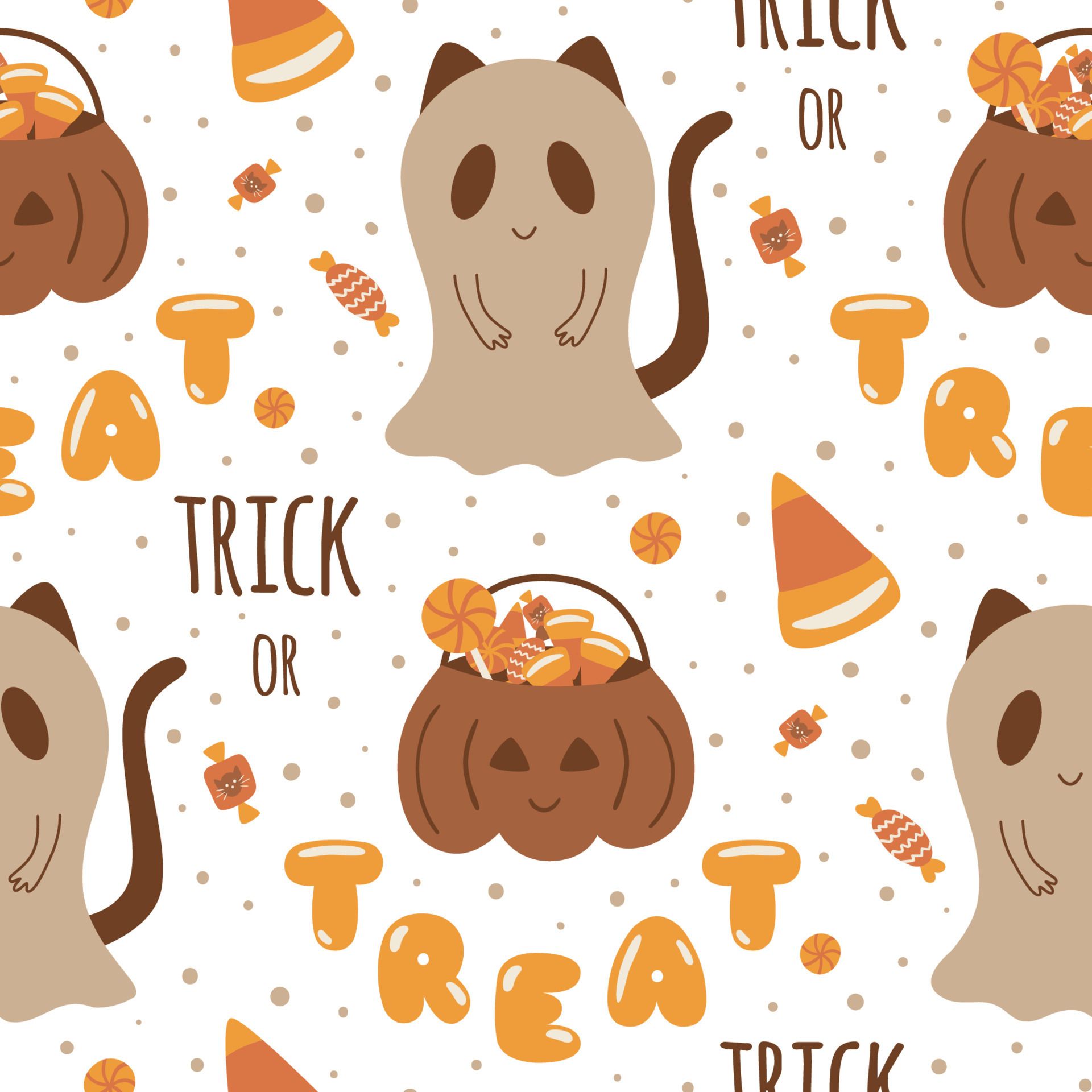 Trick or Treat pattern. Sweet Halloween candies seamless pattern. Loli pop, pumpkin trick or treat bag, ghost cat. Sweet kids background for Halloween. Vector illustration. Halloween wallpaper design. 12465656 Vector Art