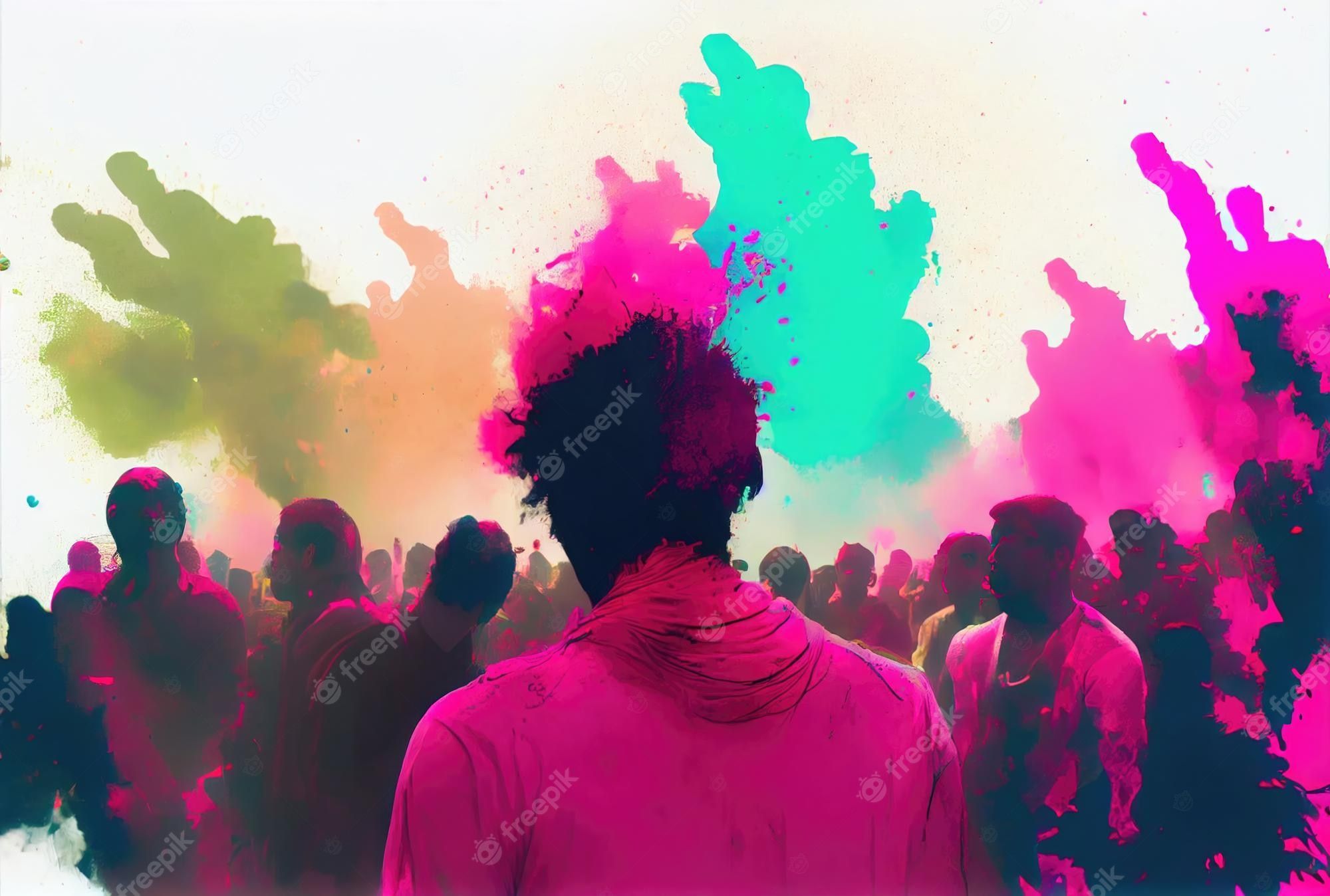 Premium Photo. Holi festival the festival of colors with crowd people and colorful powder in the indian town generative ai - Holi