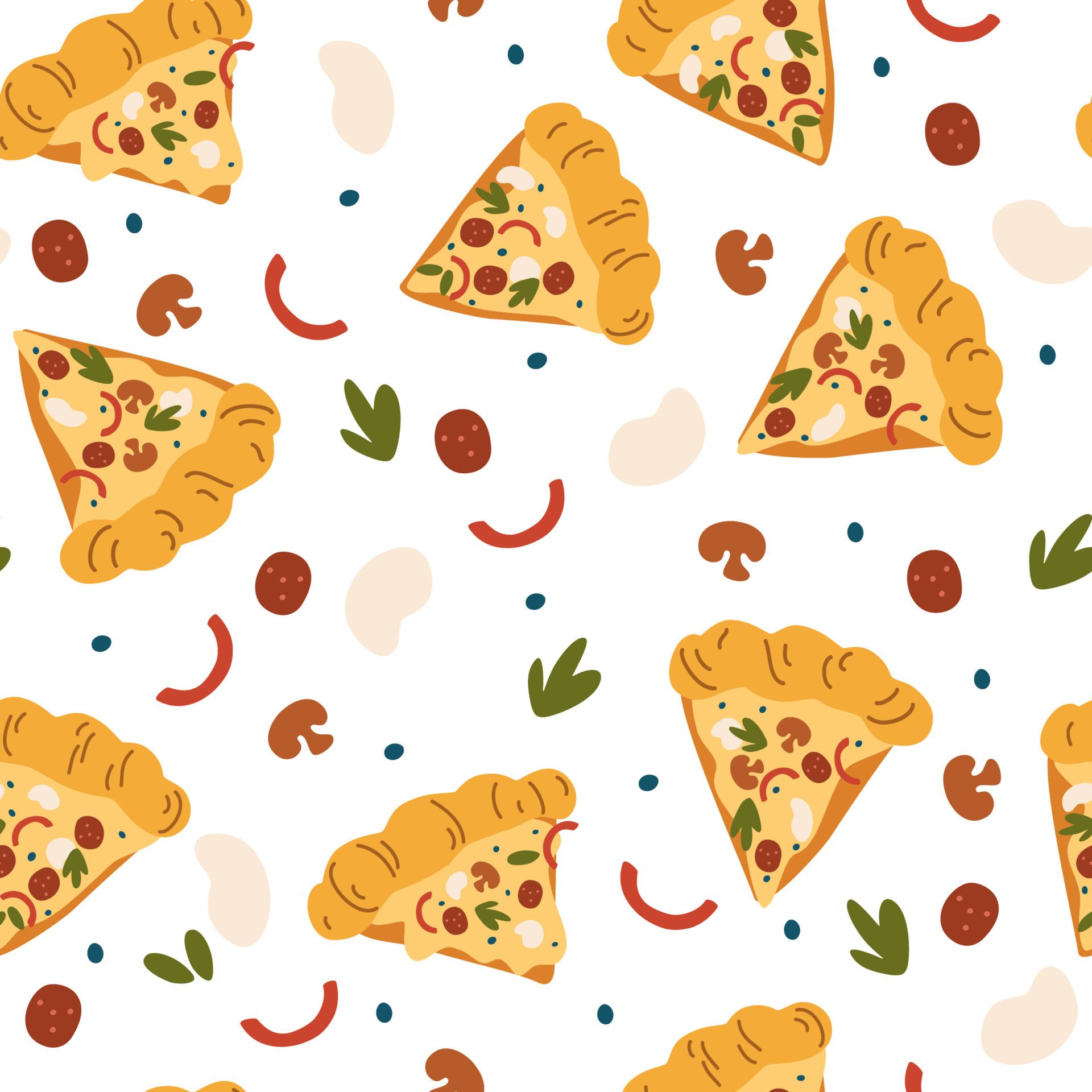 Pizza seamless pattern. Pizza slices with mozzarella, salami, herbs, mushrooms and pepper. Doodle fast food background. For wrapping paper, textile, wallpaper, restaurant or cafe. Vector illustration