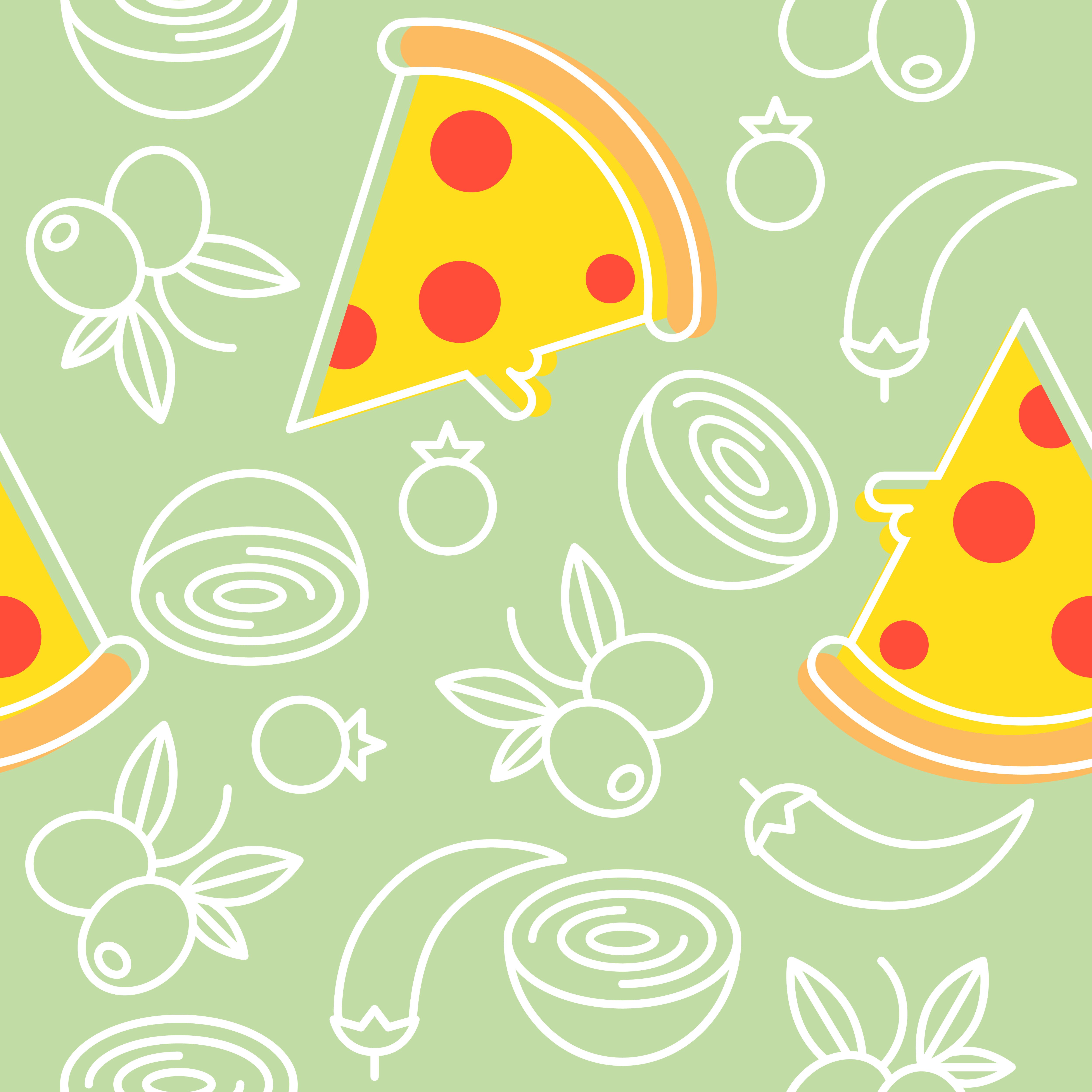 pizza and ingredients seamless pattern, outline for wallpaper and background