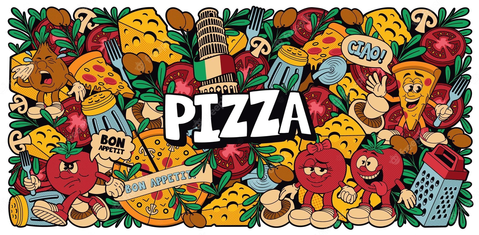 Premium Vector. A colorful pizza background in cartoon style, this design can be used as wallpaper for a restaurant