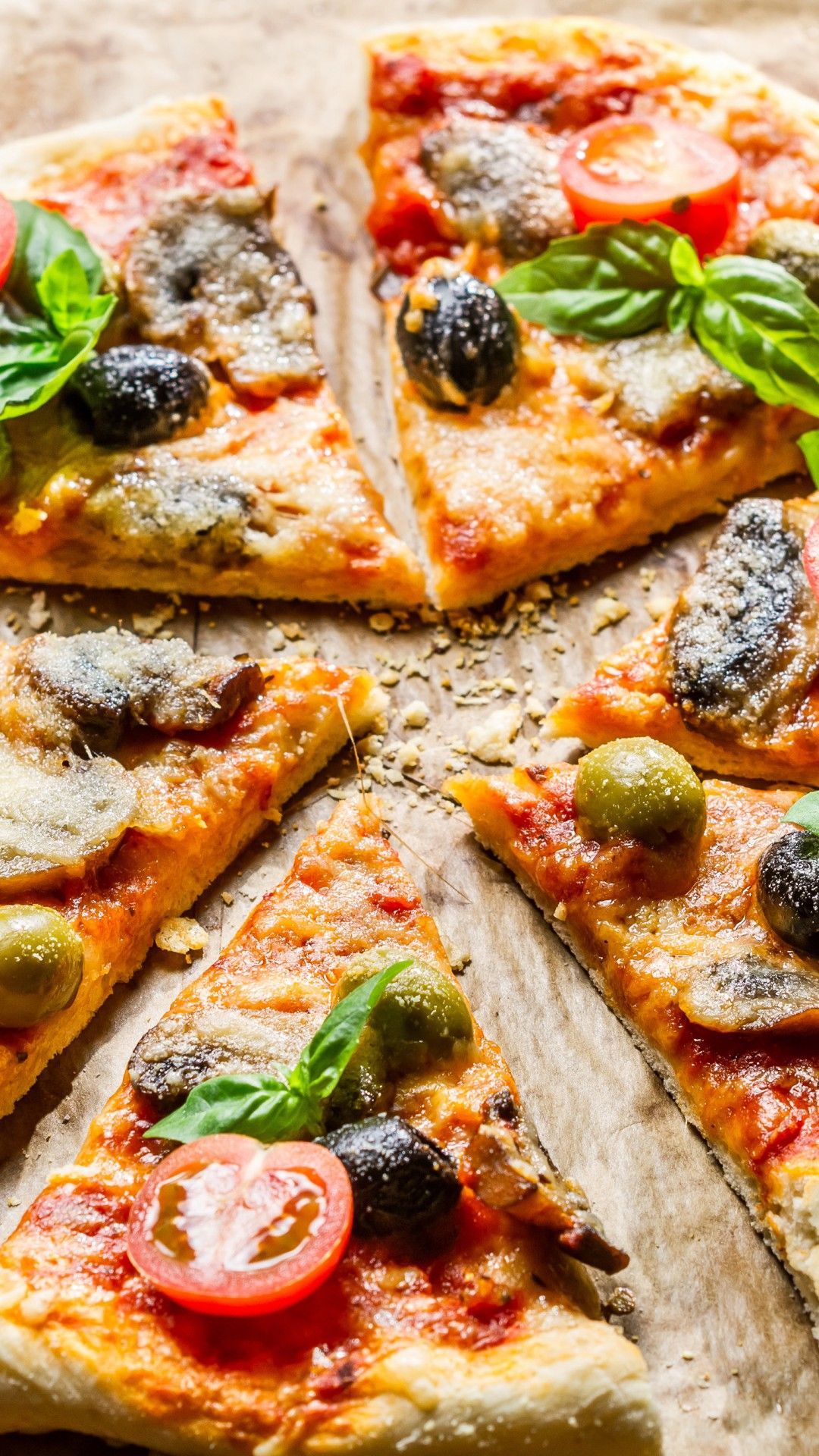 Wallpaper pizza, food, slices, olives, mushrooms, cherry tomatoes, basil, Food