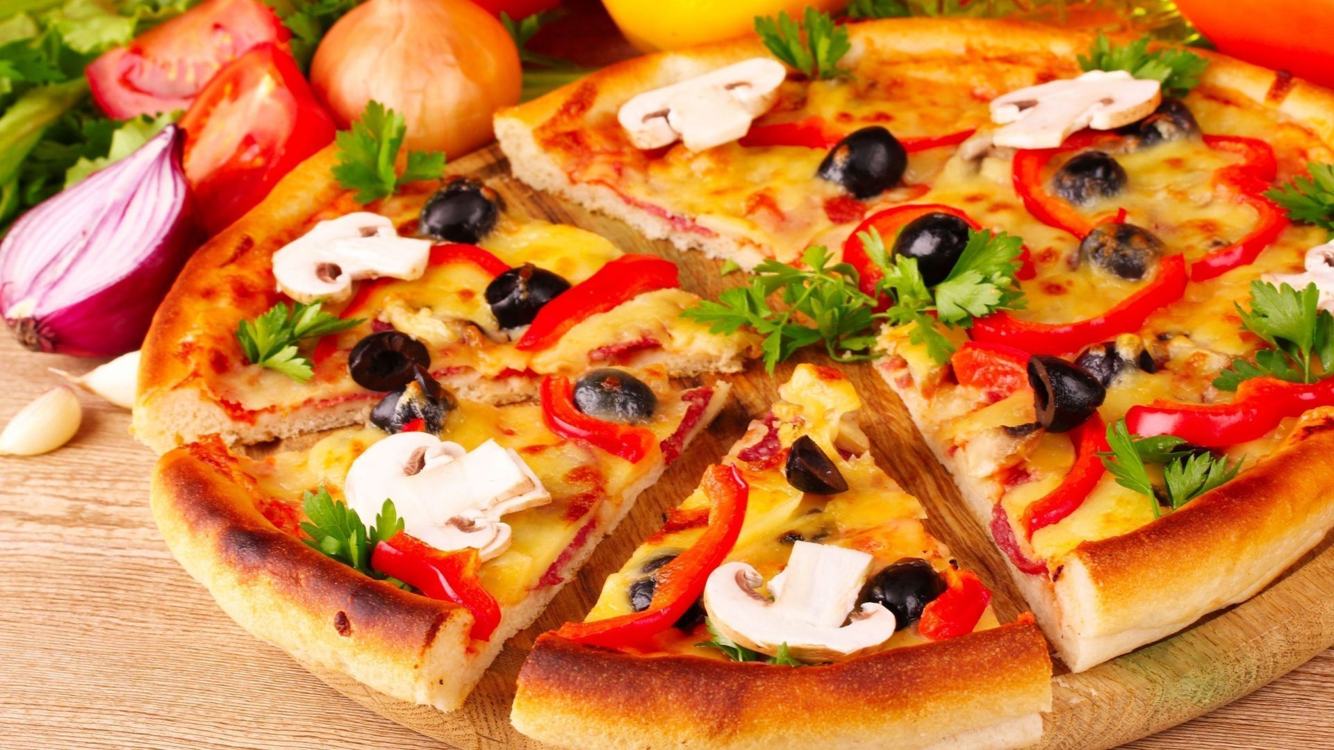 Download Wallpaper 1920x1080 pizza, cheese, pieces, tomatoes, paprika, mushrooms, parsley Full HD 1080p HD Background. Healthy pizza, Food photo, Delicious pizza