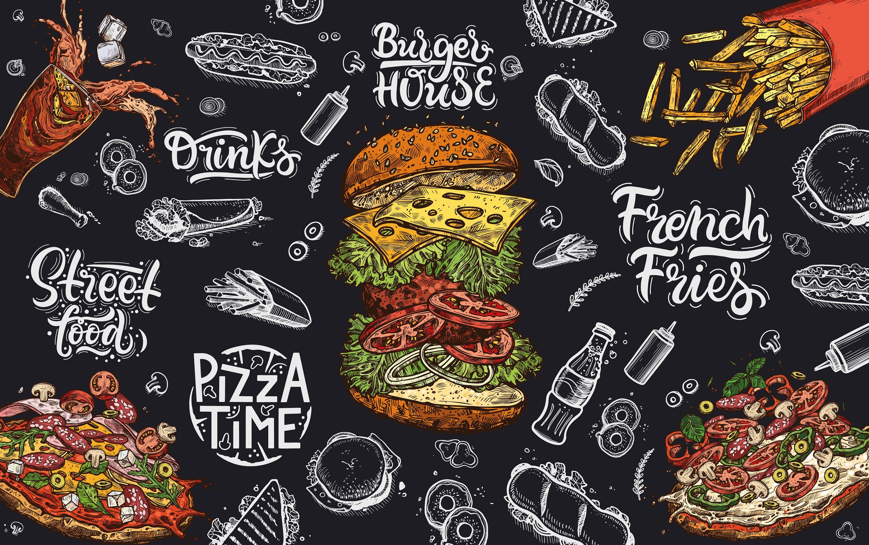 Blackboard Style Fast Food Restaurant Wallpaper Burger Bistro