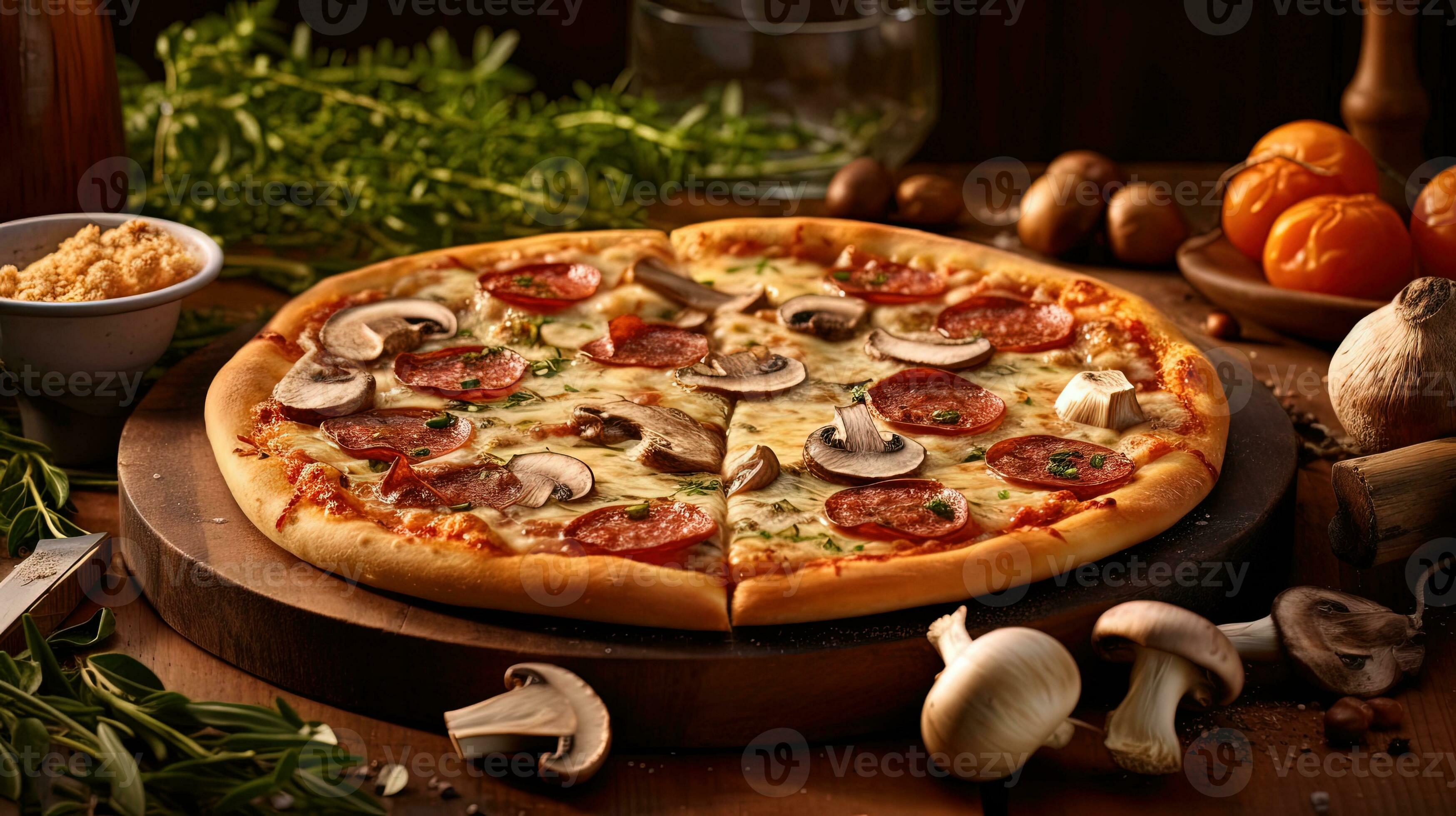 Italian Food Photography of Pepperoni and Mushroom Pizza on Wooden Board for Ready To Eat Concept