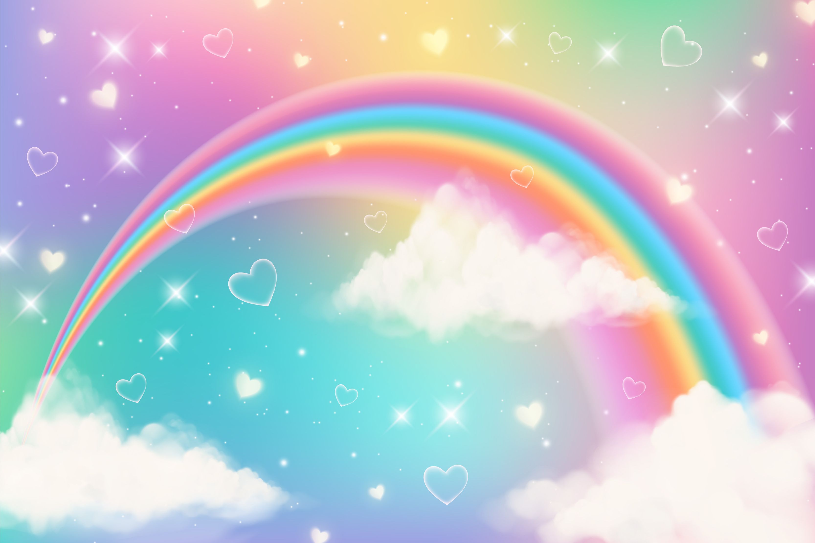 Holographic fantasy rainbow unicorn background with clouds. Pastel color sky. Magical landscape, abstract fabulous pattern. Cute candy wallpaper. Vector